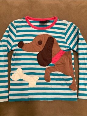Mini Boden Teal & White Striped Top with Brown Dog Applique